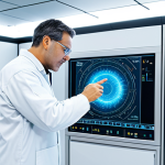 A professional engineer in a pristine white cleanroom suit, standing in a futuristic semiconductor manufacturing facility, fully clothed, appropriate attire. They are intently viewing a translucent holographic display that projects real-time data and intricate schematics of production equipment, showcasing predictive maintenance insights. Advanced, gleaming machinery and soft, diffused lighting fill the background. The scene emphasizes precision and high technology. Perfect anatomy, correct proportions, natural pose, well-formed hands, proper finger count, natural body proportions, professional photography, high quality, safe for work, appropriate content, family-friendly.