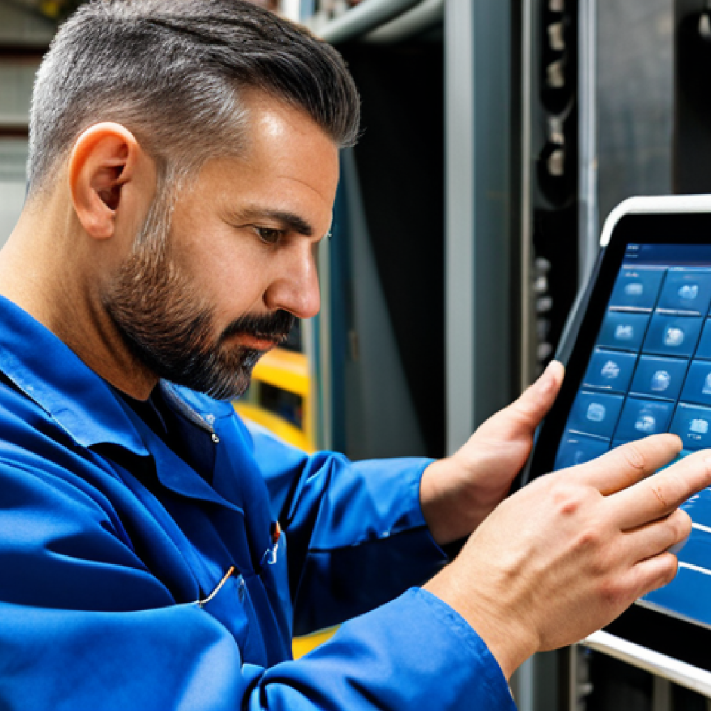 Preventive Maintenance in Action**

A maintenance technician, fully clothed in appropriate work attire, is performing a check on a large industrial machine. He's using a tablet to record data. The background shows a clean and organized factory floor. The image should convey precision and attention to detail. safe for work, appropriate content, fully clothed, professional, perfect anatomy, correct proportions, well-formed hands, proper finger count, natural body proportions.

**