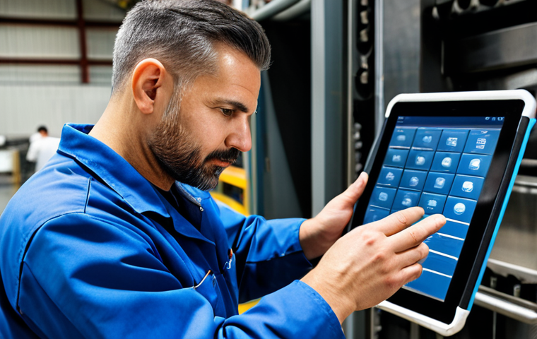 Preventive Maintenance in Action**

A maintenance technician, fully clothed in appropriate work attire, is performing a check on a large industrial machine. He's using a tablet to record data. The background shows a clean and organized factory floor. The image should convey precision and attention to detail. safe for work, appropriate content, fully clothed, professional, perfect anatomy, correct proportions, well-formed hands, proper finger count, natural body proportions.

**